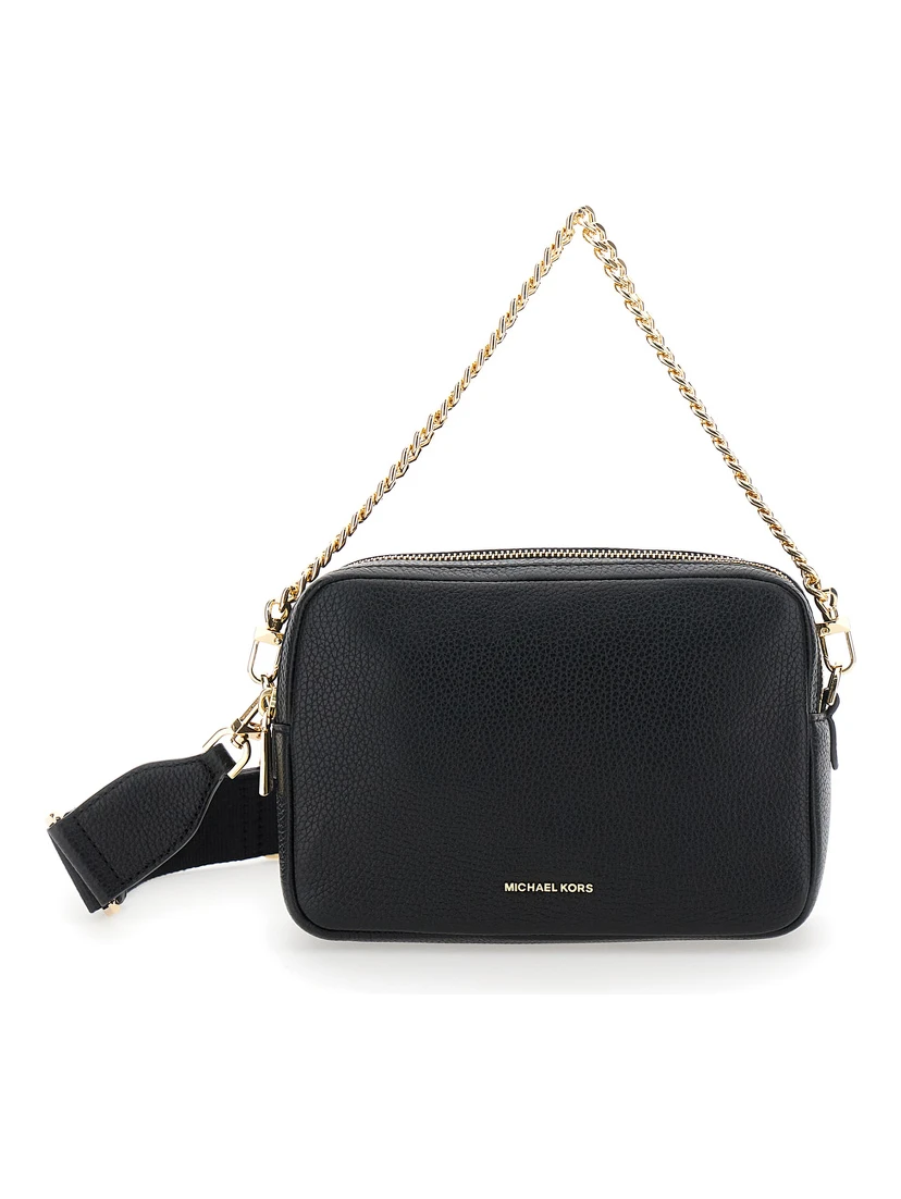 Bryant Black Shoulder Bag with Logo Lettering on the Front and Chain Shoulder Strap in Hammered Leather Woman