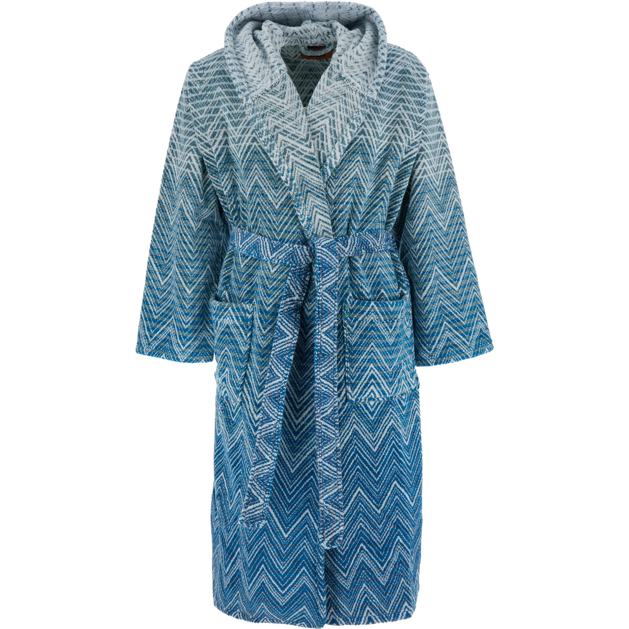 Stone Blue Bathrobe with Hood and All-Over ZigZag Motif in Cotton Home