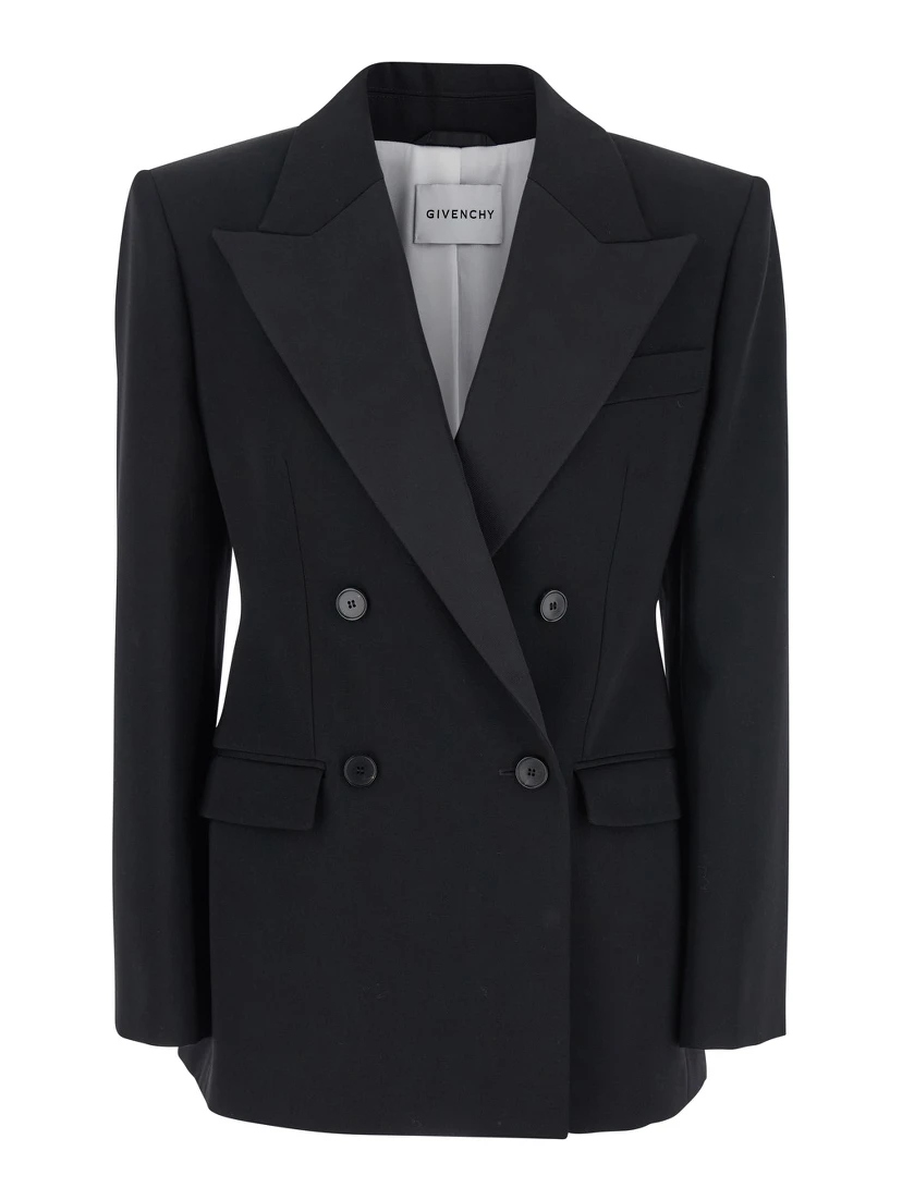 Black Double-Breasted Jacket with Peak Revers in Wool Woman