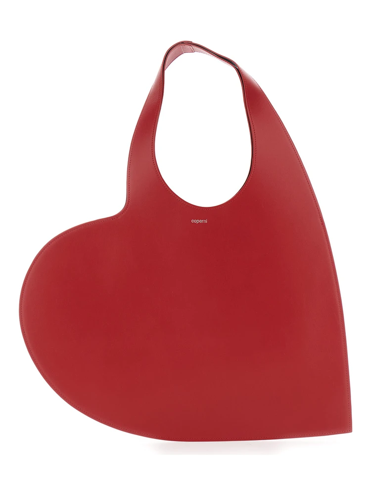Red Heart-Shaped Handbag with Embossed Logo Lettering on the Front in Leather Woman