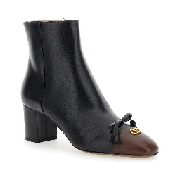 Black Ankle Boots with VLogo Plaque on Front in Leather Woman