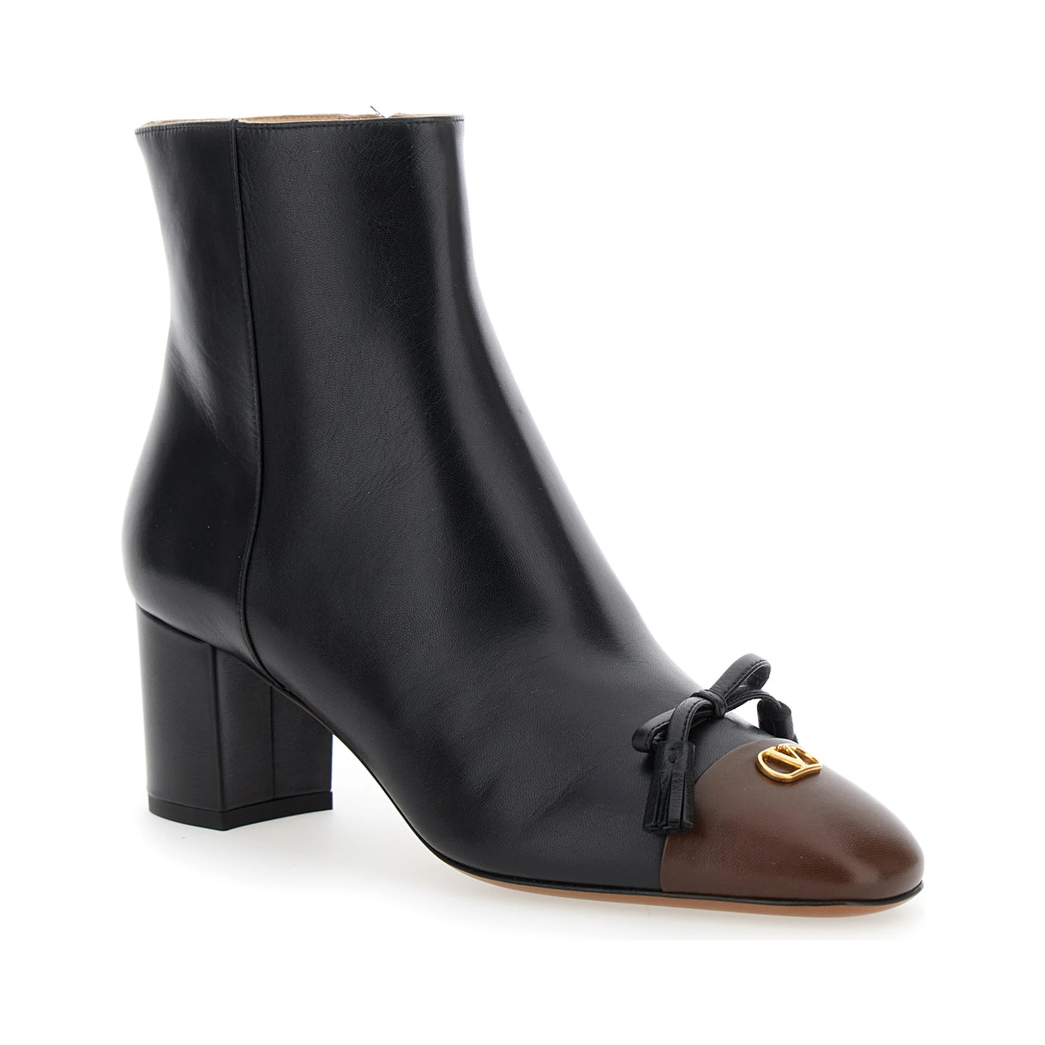 Black Ankle Boots with VLogo Plaque on Front in Leather Woman