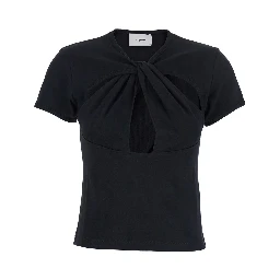 Black Top with V Neck and Cut-Out on the Front in Cotton Woman