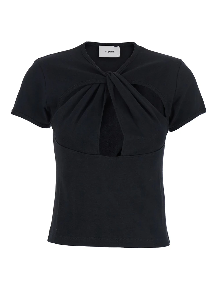 Black Top with V Neck and Cut-Out on the Front in Cotton Woman