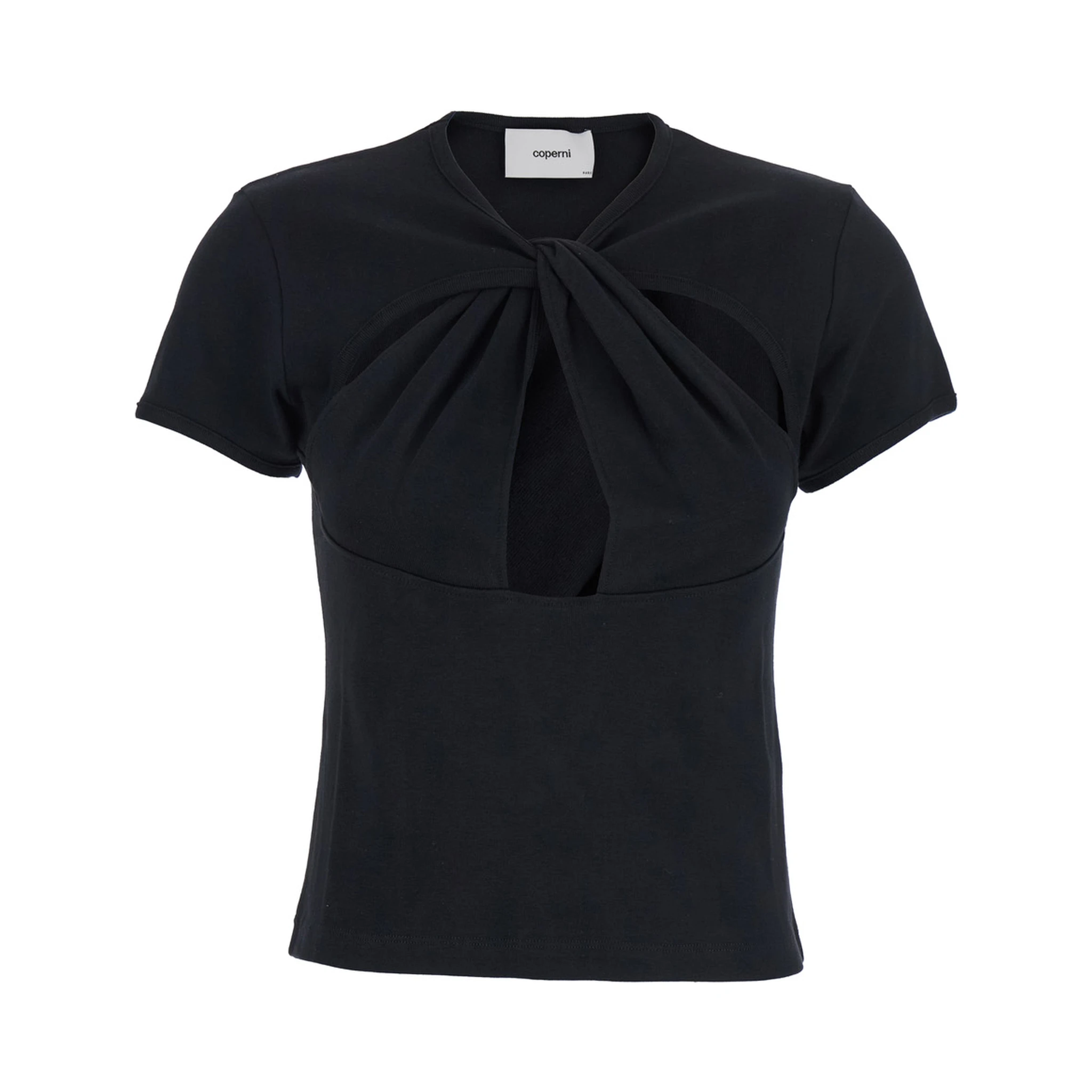 Black Top with V Neck and Cut-Out on the Front in Cotton Woman