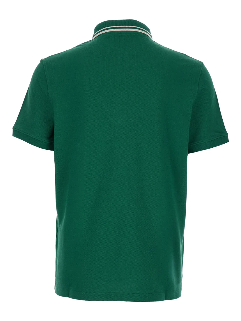 Green Polo Shirt with Classic Collar with Stirped Detail and Logo Patch on the Front in Cotton Piquet Man