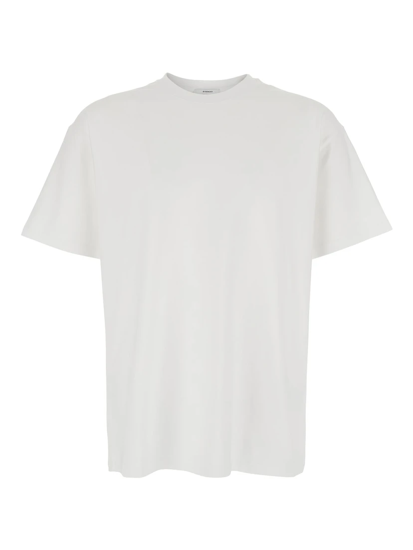 تيشيرت أبيض برقبة دائرية وشعار مطبوع على الظهر، مصنوع من القطن الرجالي