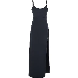 Black Long Dress with Thin Straps and Side Logo Plaque in Fabric Woman
