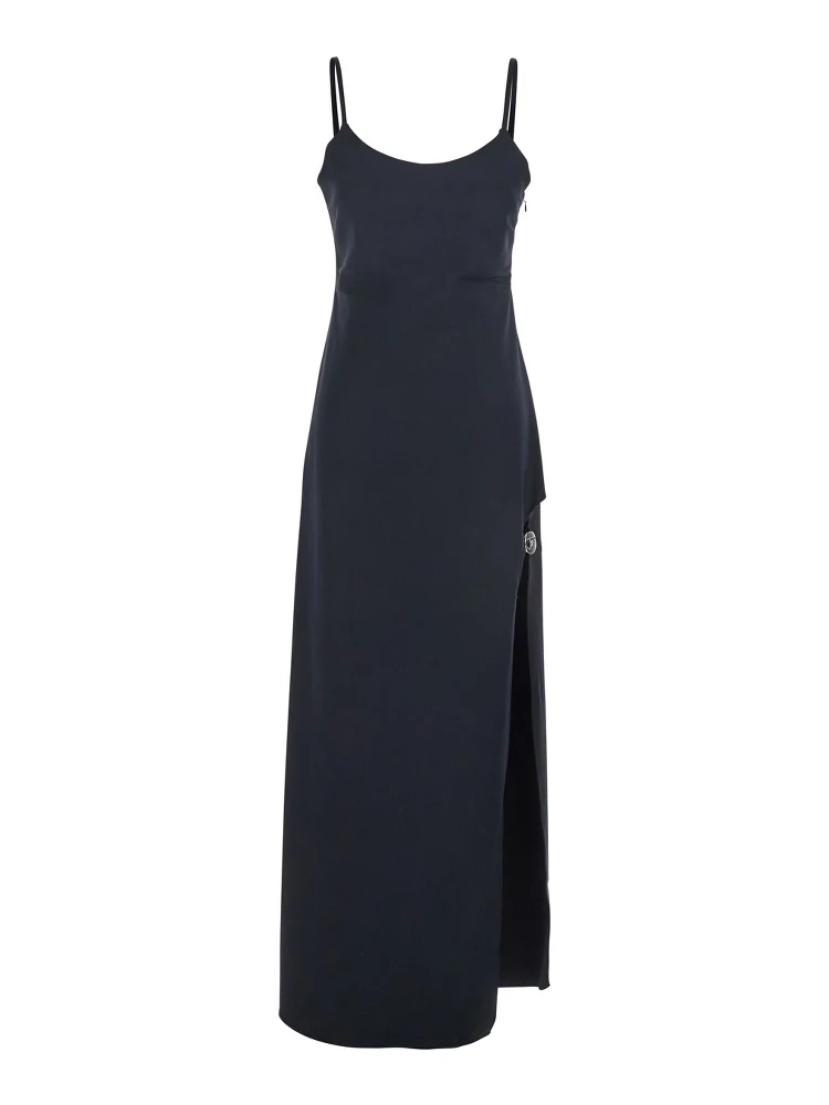 Black Long Dress with Thin Straps and Side Logo Plaque in Fabric Woman