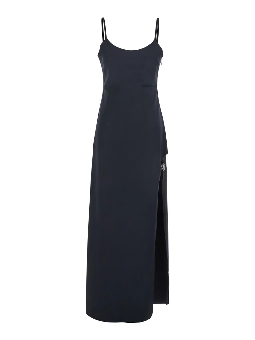 Black Long Dress with Thin Straps and Side Logo Plaque in Fabric Woman