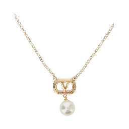 Metallic Chain-Link Necklace with VLogo Charm with Pearl in Brass Woman
