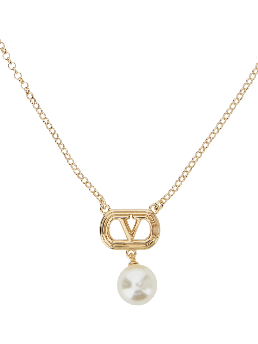 Metallic Chain-Link Necklace with VLogo Charm with Pearl in Brass Woman