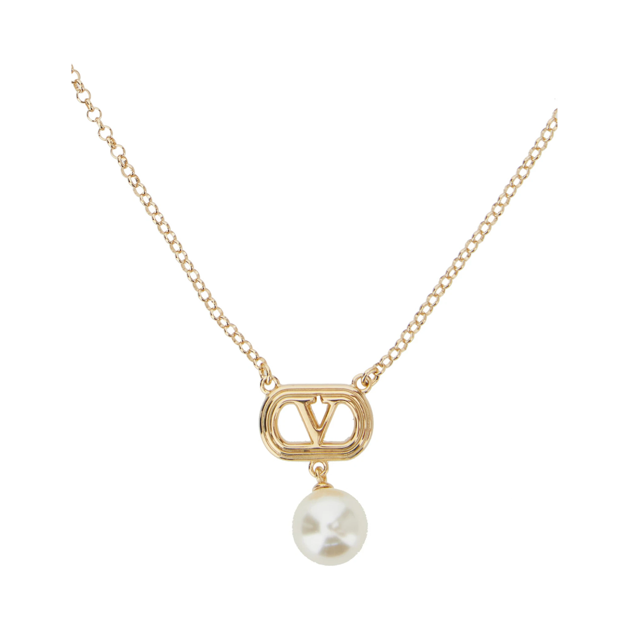 Metallic Chain-Link Necklace with VLogo Charm with Pearl in Brass Woman