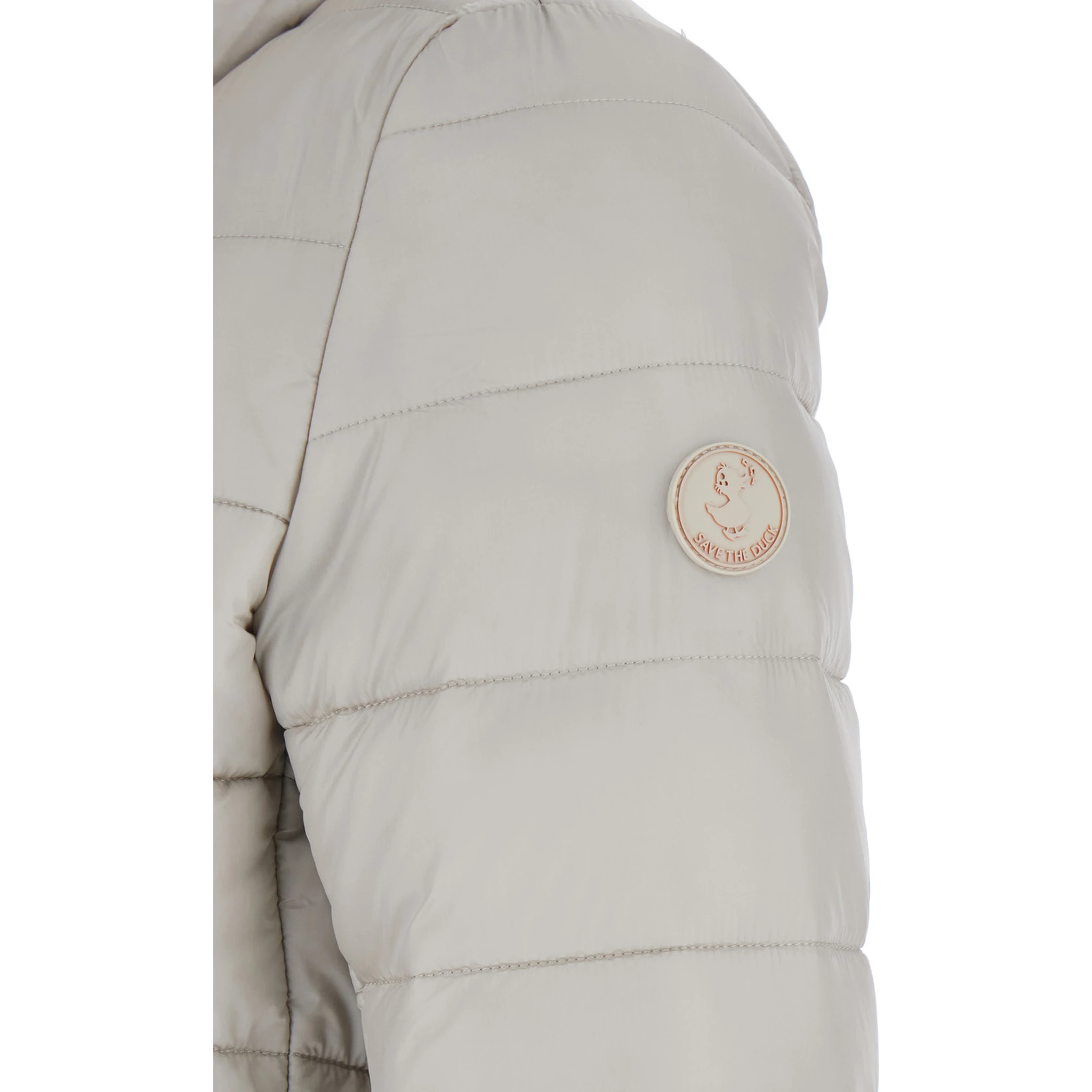Lydia Beige Down Jacket with High Neck and Logo Patch on the Sleeve in Tech Fabric Woman