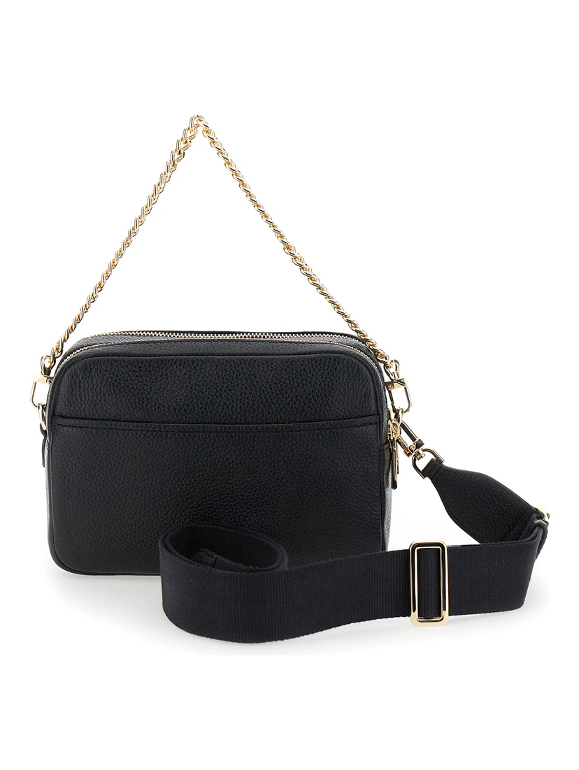 Bryant Black Shoulder Bag with Logo Lettering on the Front and Chain Shoulder Strap in Hammered Leather Woman