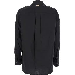 Black Shirt with Button-Down Collar and One Front Patch Pocket in Cotton Stretch Woman