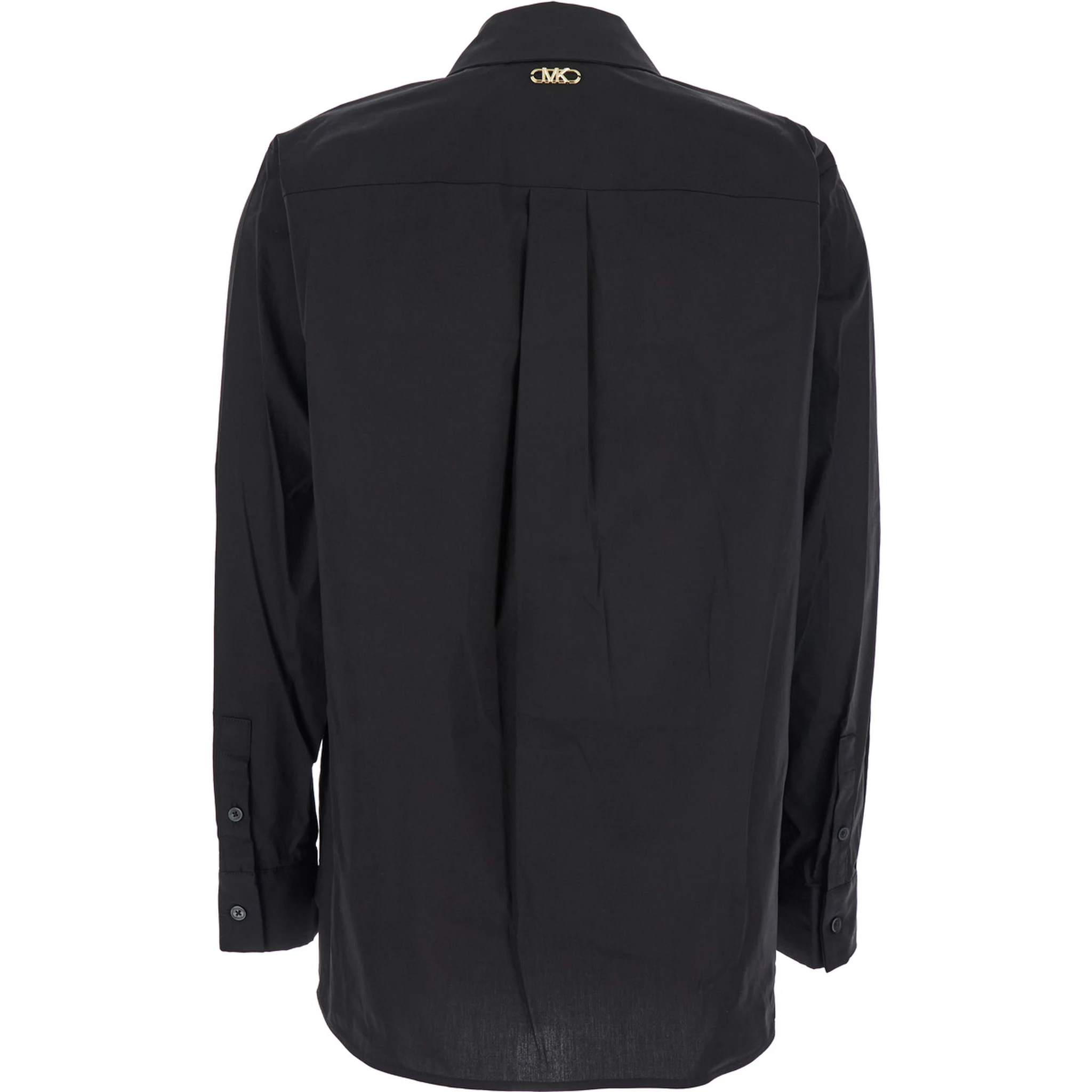 Black Shirt with Button-Down Collar and One Front Patch Pocket in Cotton Stretch Woman