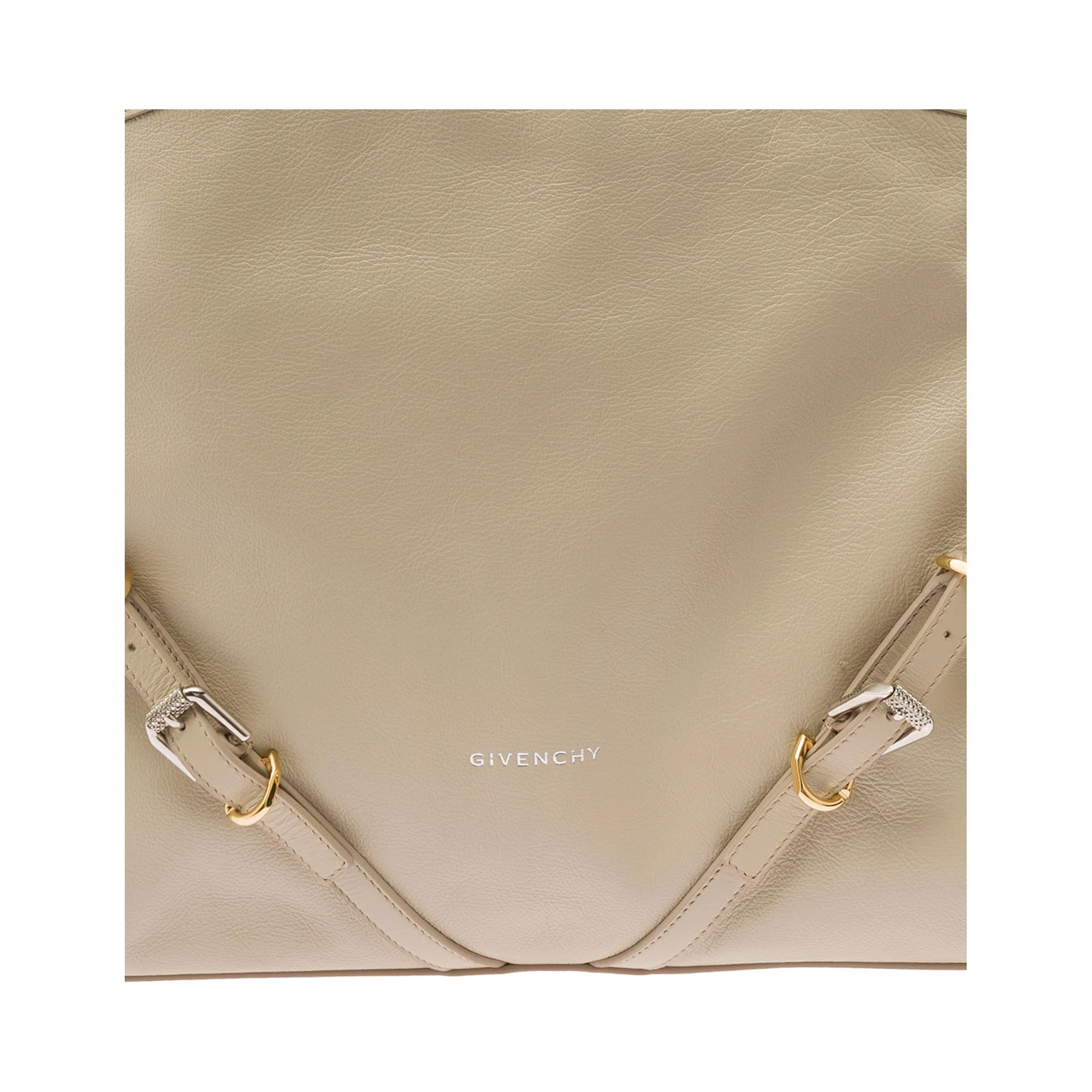 Voyou Beige Shoulder Bag with Embossed Logo in Smooth Leather Woman