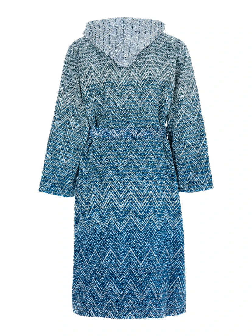Stone Blue Bathrobe with Hood and All-Over ZigZag Motif in Cotton Home