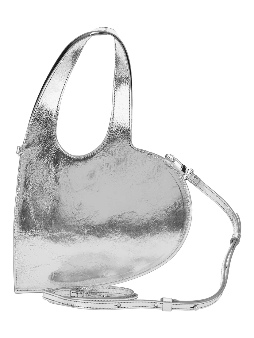 Heart Heart-Shaped Metallic Crossbody Bag with Logo Lettering on the Front and Cut-Out on the Handle in Leather Woman
