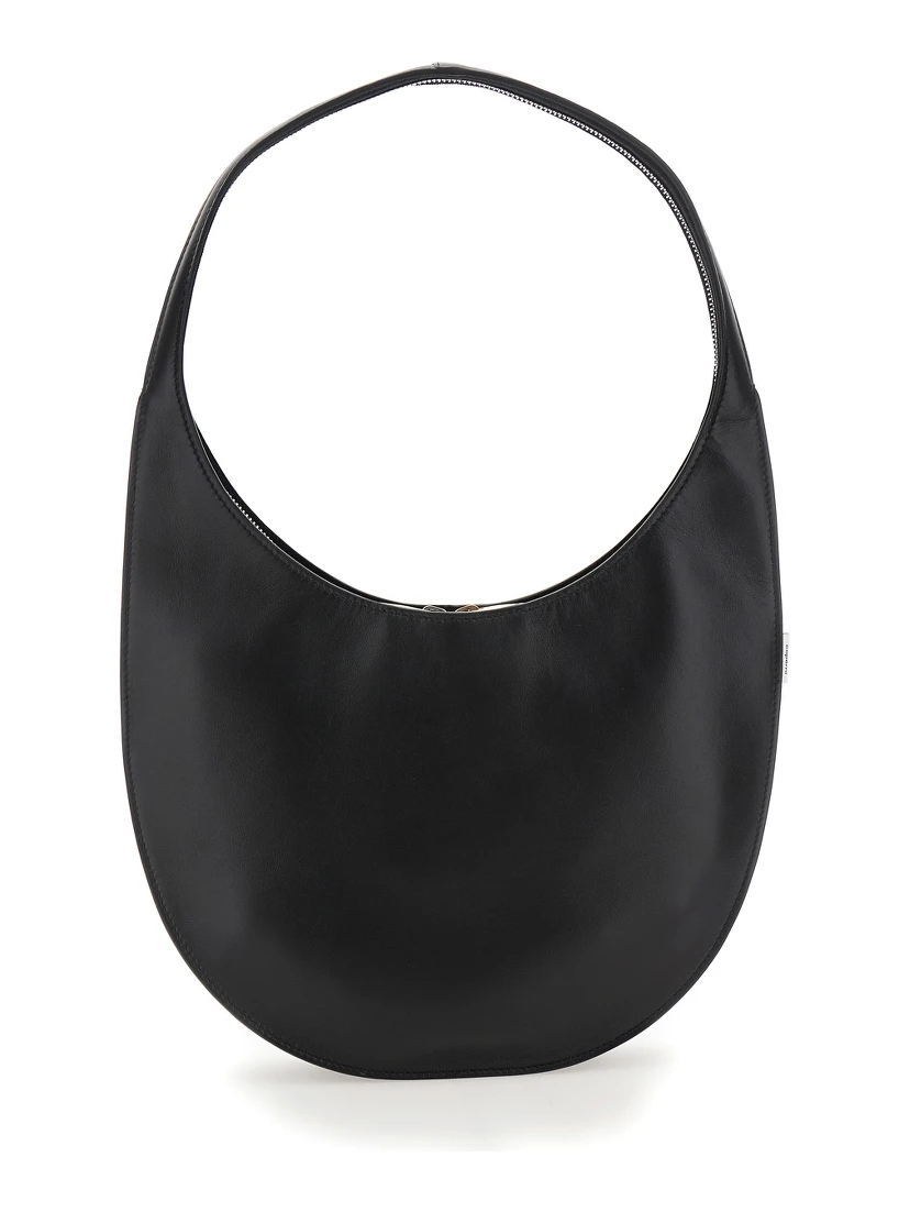 Swipe Medium Black Shoulder Bag with Logo on Front in Leather Woman