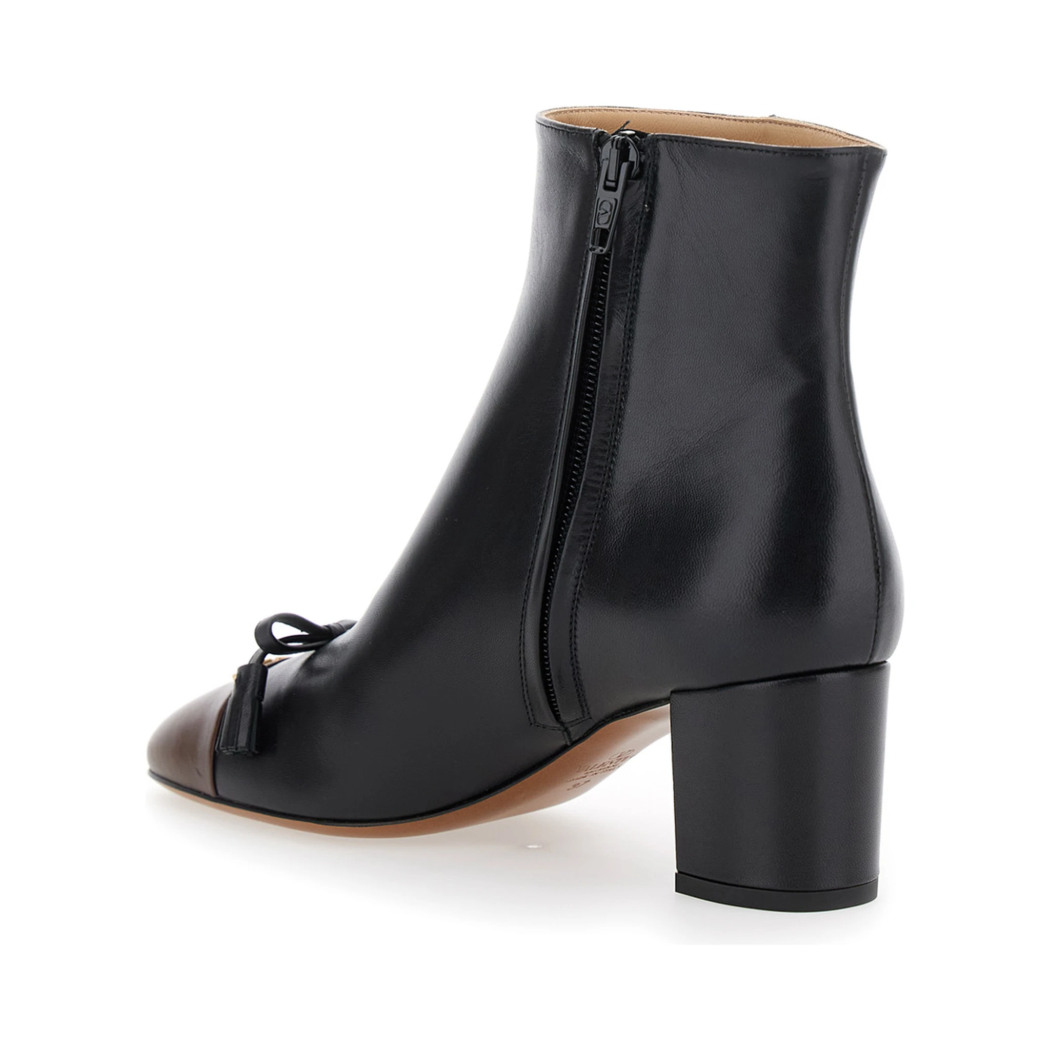 Black Ankle Boots with VLogo Plaque on Front in Leather Woman