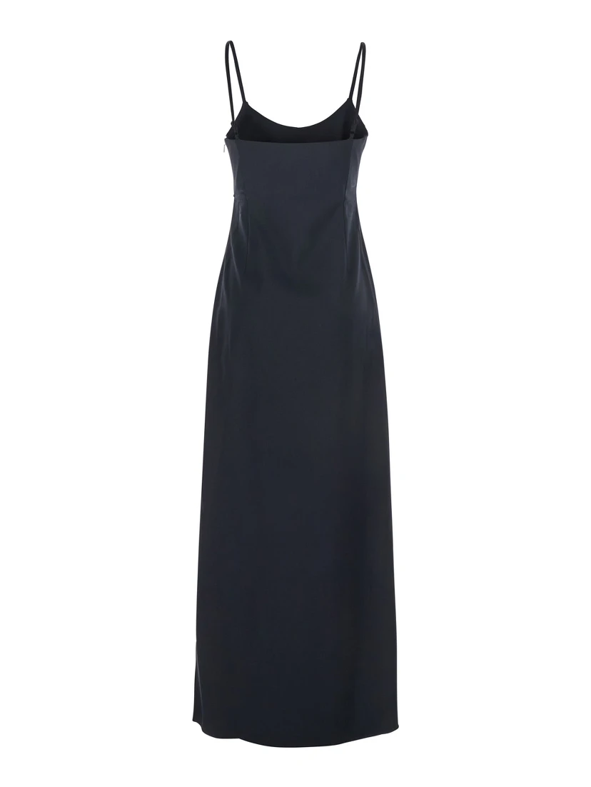 Black Long Dress with Thin Straps and Side Logo Plaque in Fabric Woman