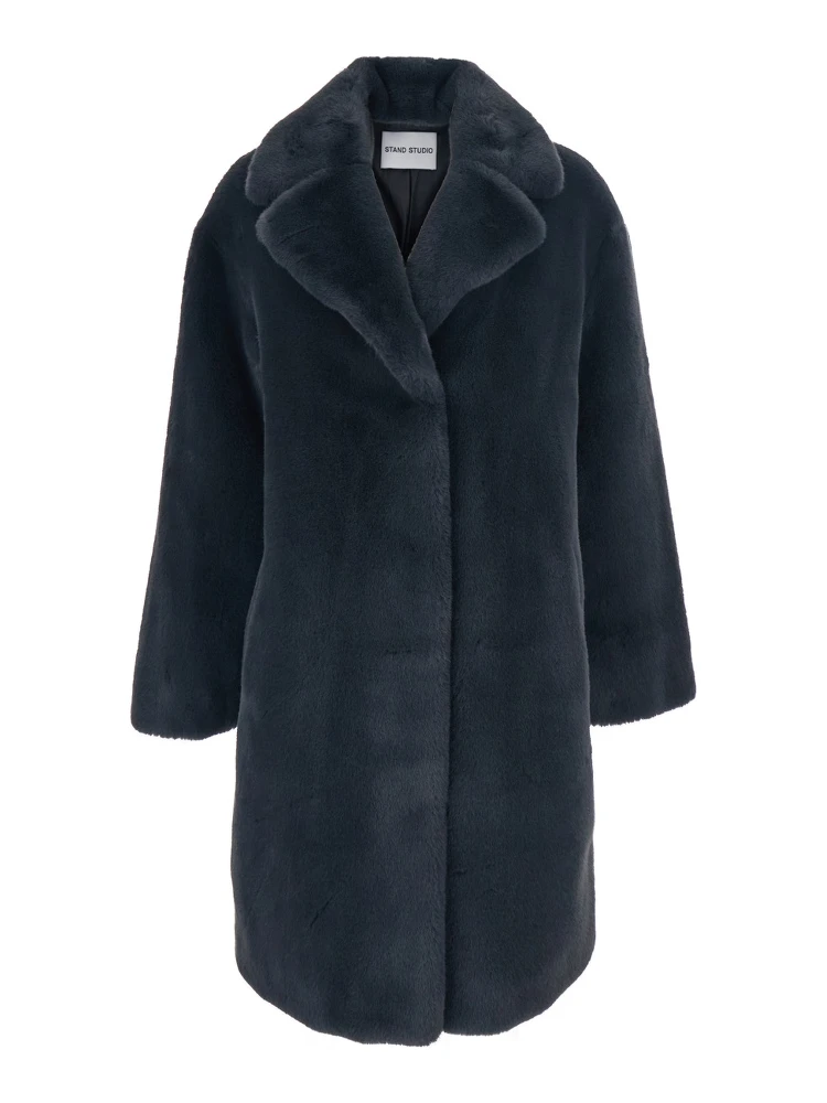 Camille Grey Coat with Wide Notched Revers and Front Concealed Closure in Ecofur Woman