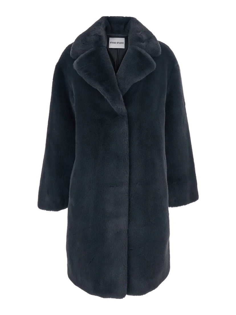 Camille Grey Coat with Wide Notched Revers and Front Concealed Closure in Ecofur Woman