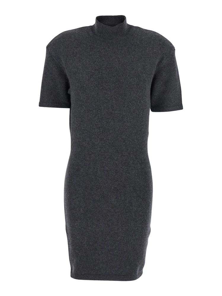 Grey High Neck Dress with Back Application in Wool Woman