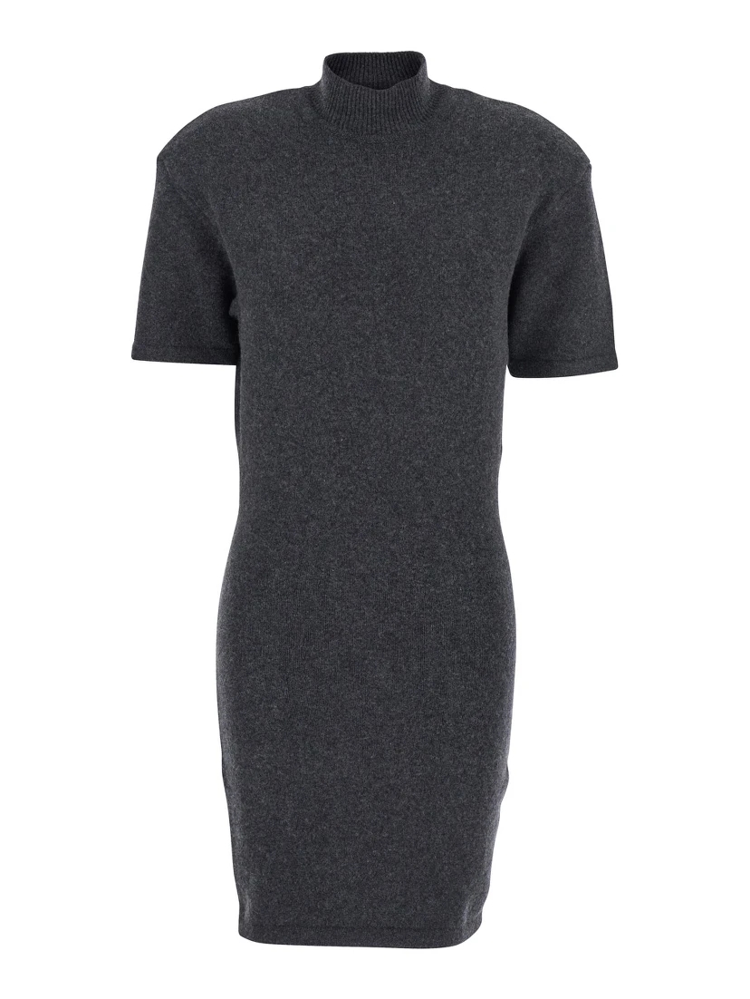 Grey High Neck Dress with Back Application in Wool Woman