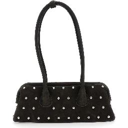 Boat Wide Mini Brown Shoulder Bag with Round Handles and Beaded Embellishment in Suede Woman