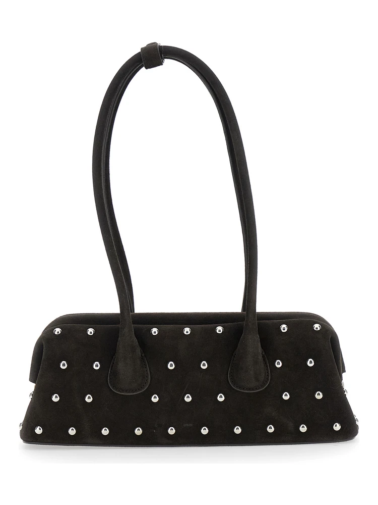 Boat Wide Mini Brown Shoulder Bag with Round Handles and Beaded Embellishment in Suede Woman