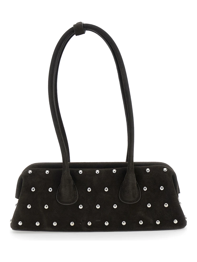 Boat Wide Mini Brown Shoulder Bag with Round Handles and Beaded Embellishment in Suede Woman