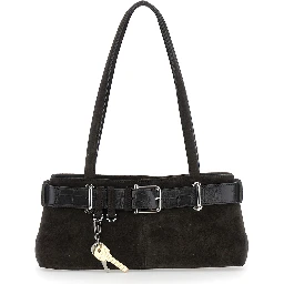Brocle Brown Shoulder Bag with Belt and Pendant Key Details in Suede Woman