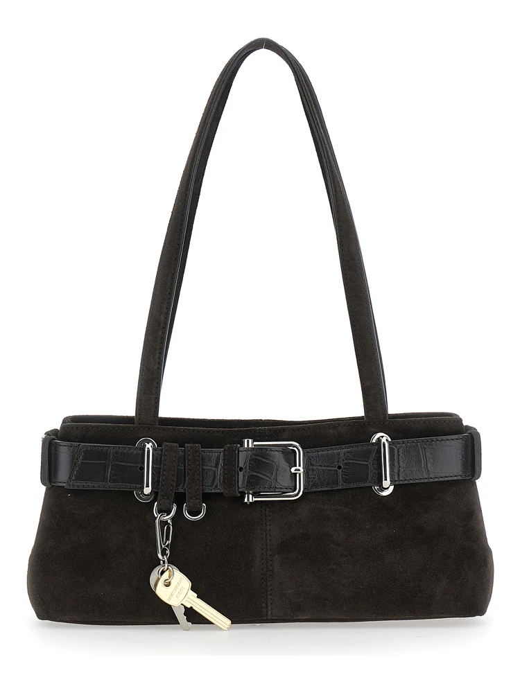 Brocle Brown Shoulder Bag with Belt and Pendant Key Details in Suede Woman