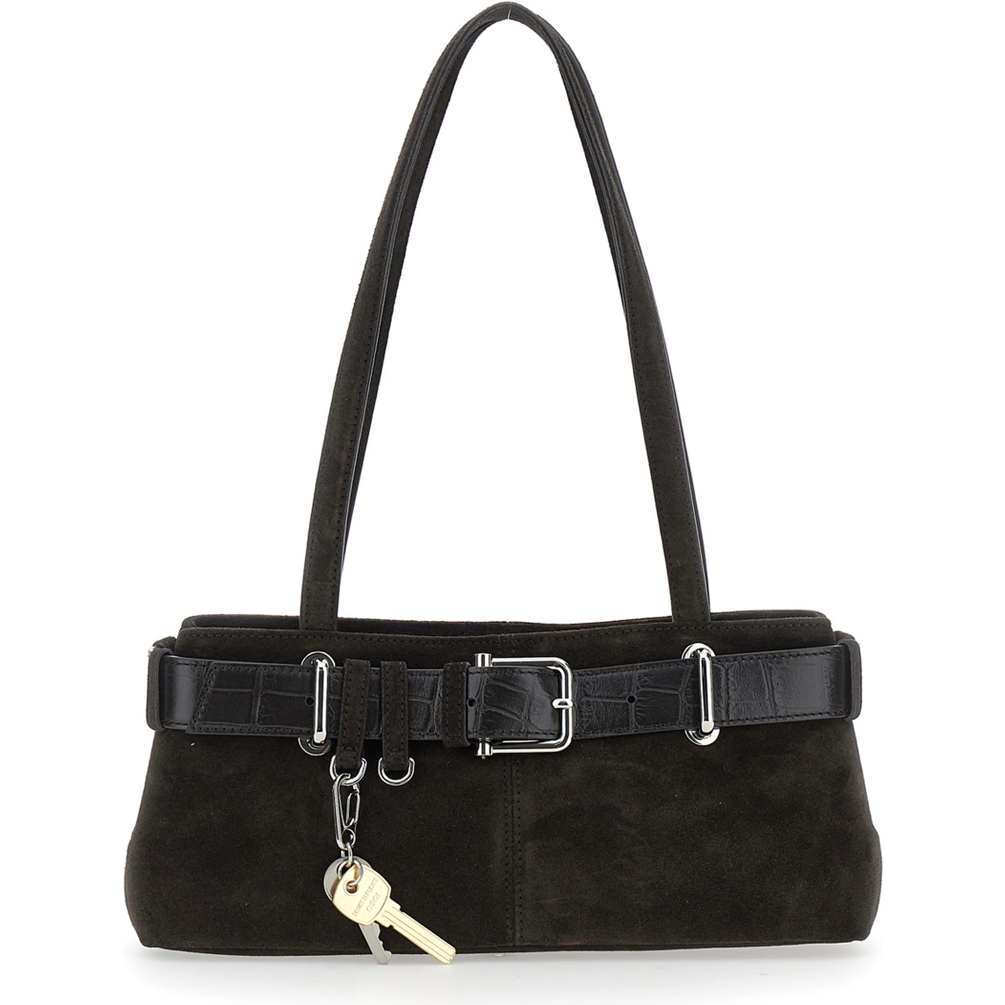 Brocle Brown Shoulder Bag with Belt and Pendant Key Details in Suede Woman