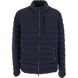 Laki Blue Down Jacket with High Neck and Logo Patch on the Sleeve in Tech Fabric Man