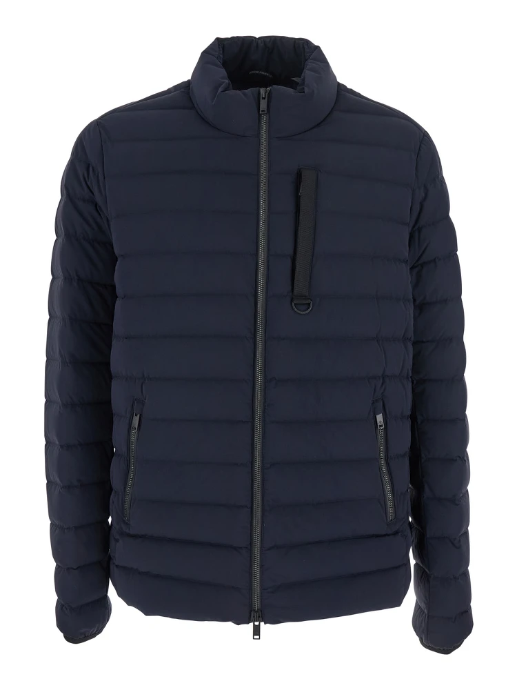 Laki Blue Down Jacket with High Neck and Logo Patch on the Sleeve in Tech Fabric Man