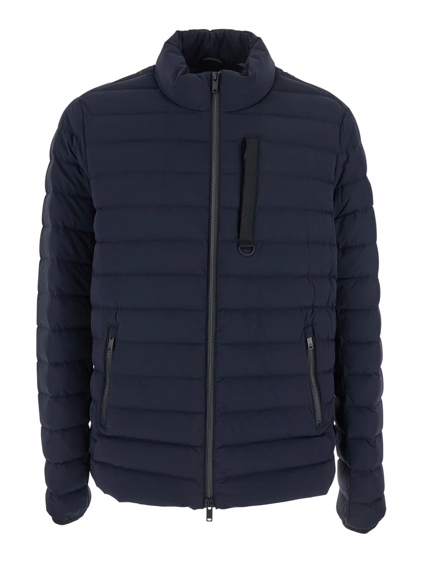 Laki Blue Down Jacket with High Neck and Logo Patch on the Sleeve in Tech Fabric Man