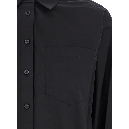 Black Shirt with Button-Down Collar and One Front Patch Pocket in Cotton Stretch Woman