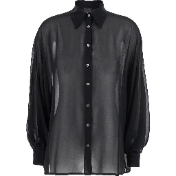 Black Oversize Blouse with Classic Collar and See-Through Design in Fabric Woman