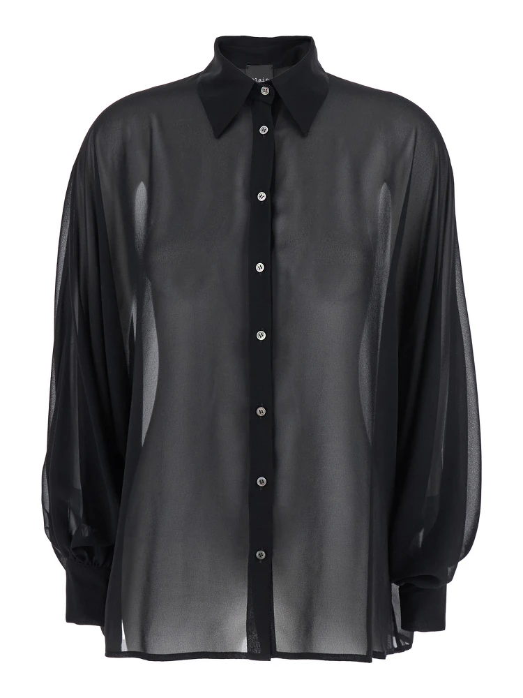 Black Oversize Blouse with Classic Collar and See-Through Design in Fabric Woman