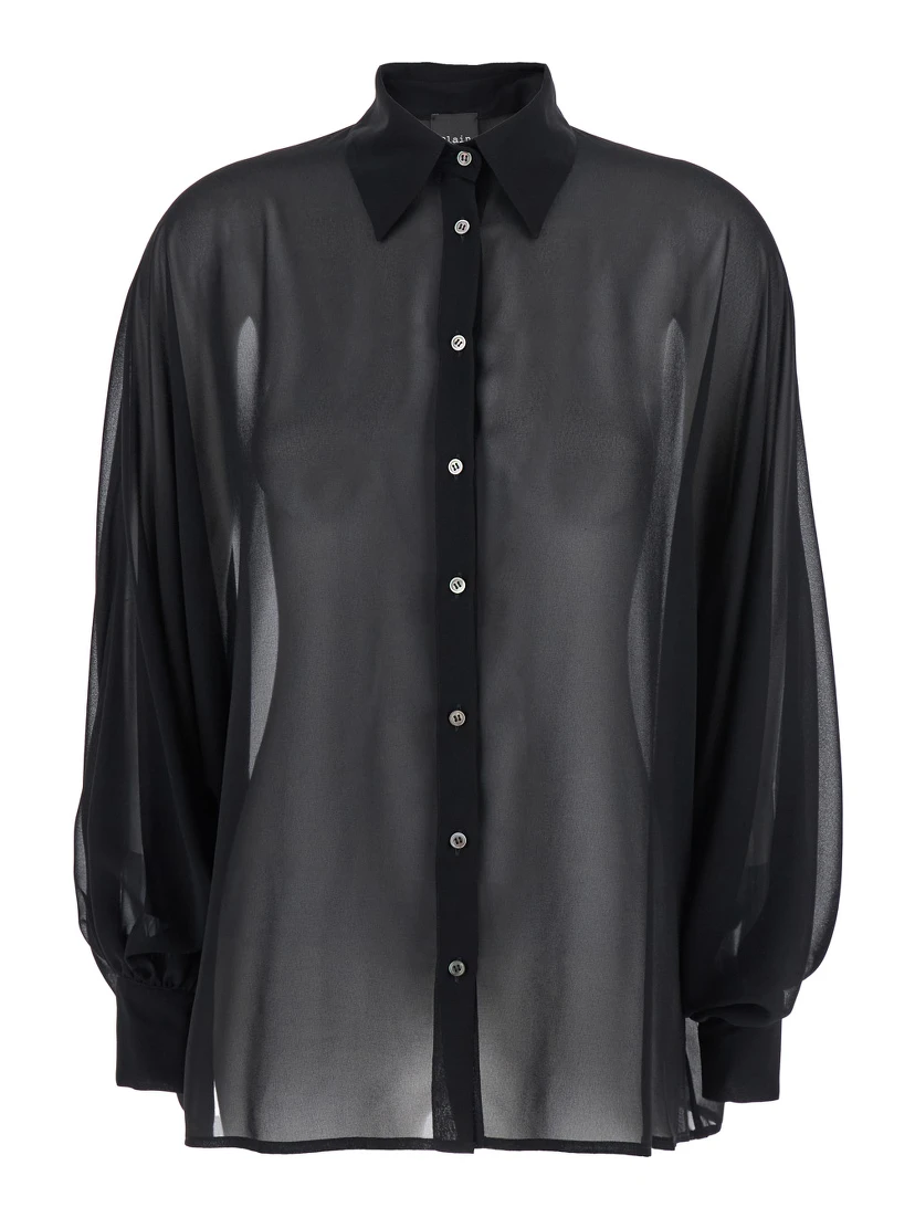 Black Oversize Blouse with Classic Collar and See-Through Design in Fabric Woman