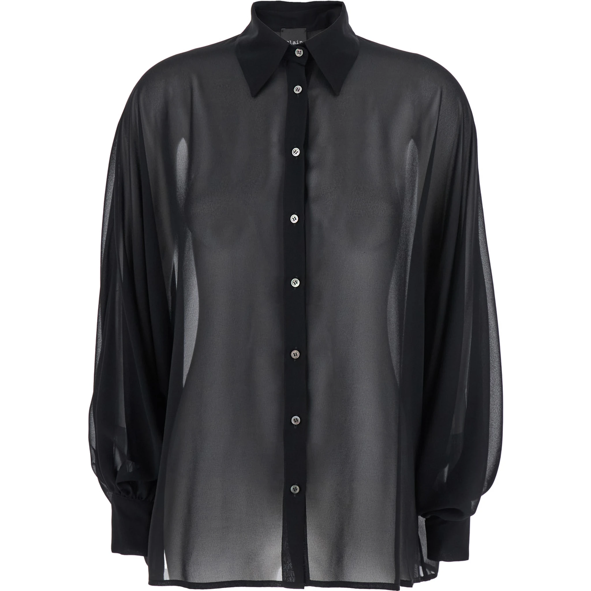 Black Oversize Blouse with Classic Collar and See-Through Design in Fabric Woman