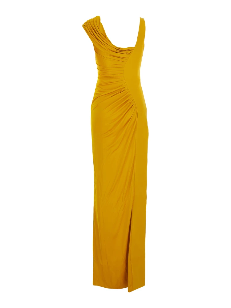 Orange Sleeveless Long Dress with Medusa Plaque on the Front Draping in Viscose Woman