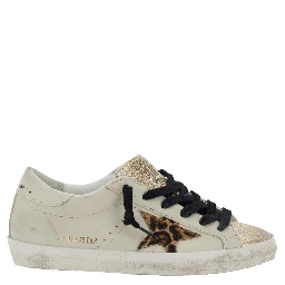 Superstar White Low Top Sneakers with Glittered Star Patch and Laminated Heel with Logo Lettering in Leather Woman