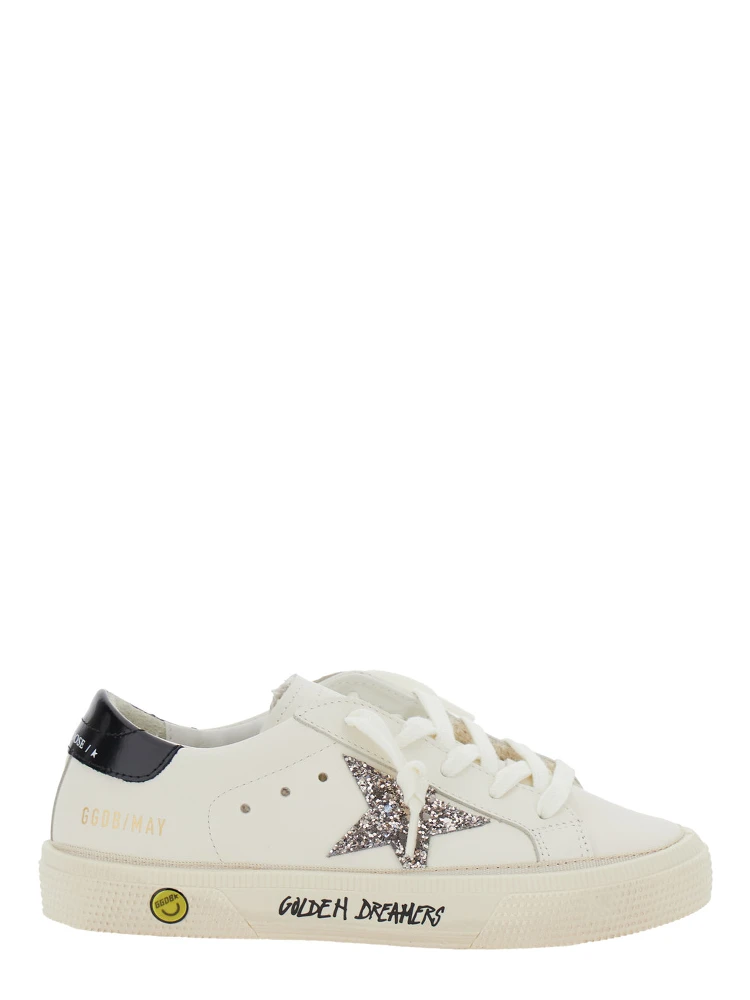 May White Low Top Sneakers with Glittered Star Patch and Contrasting Heel with Logo Lettering in Leather Girl