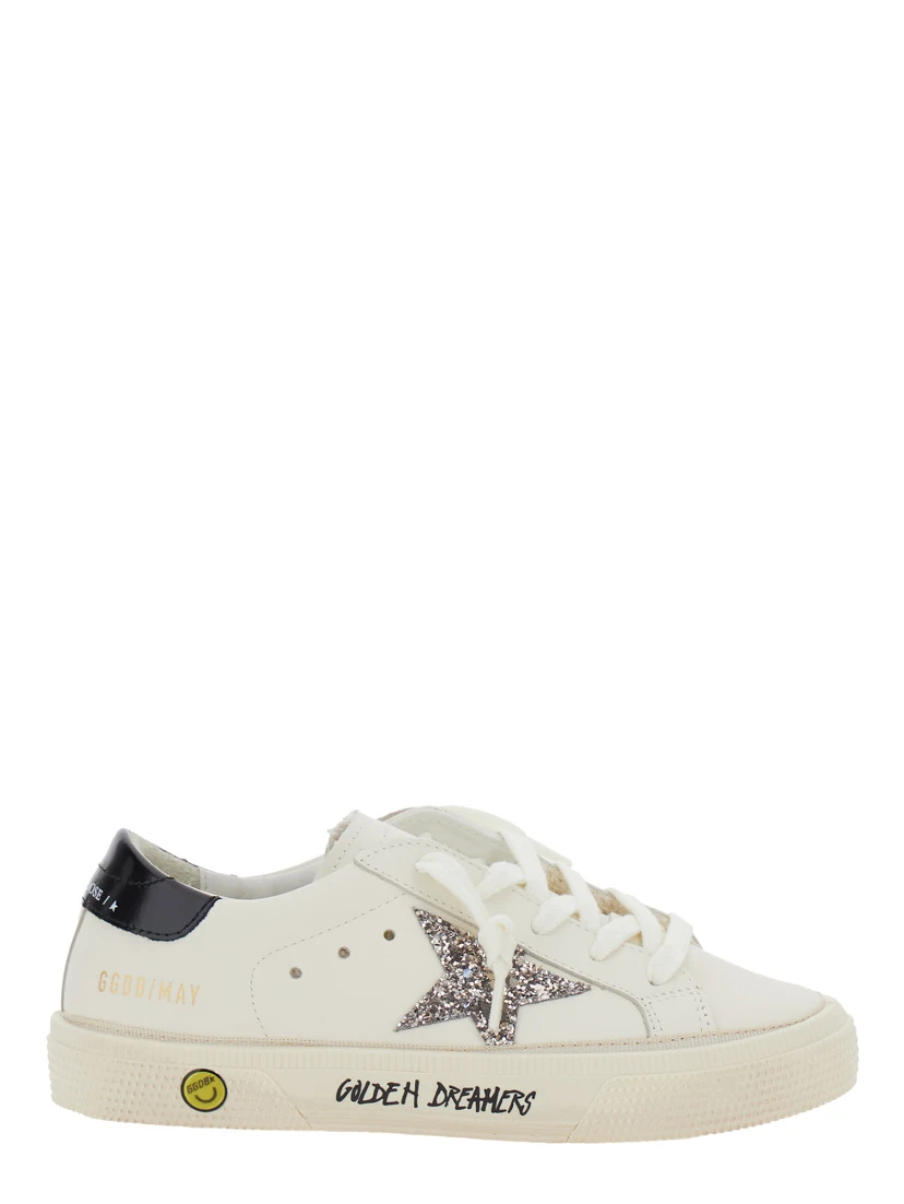 May White Low Top Sneakers with Glittered Star Patch and Contrasting Heel with Logo Lettering in Leather Girl