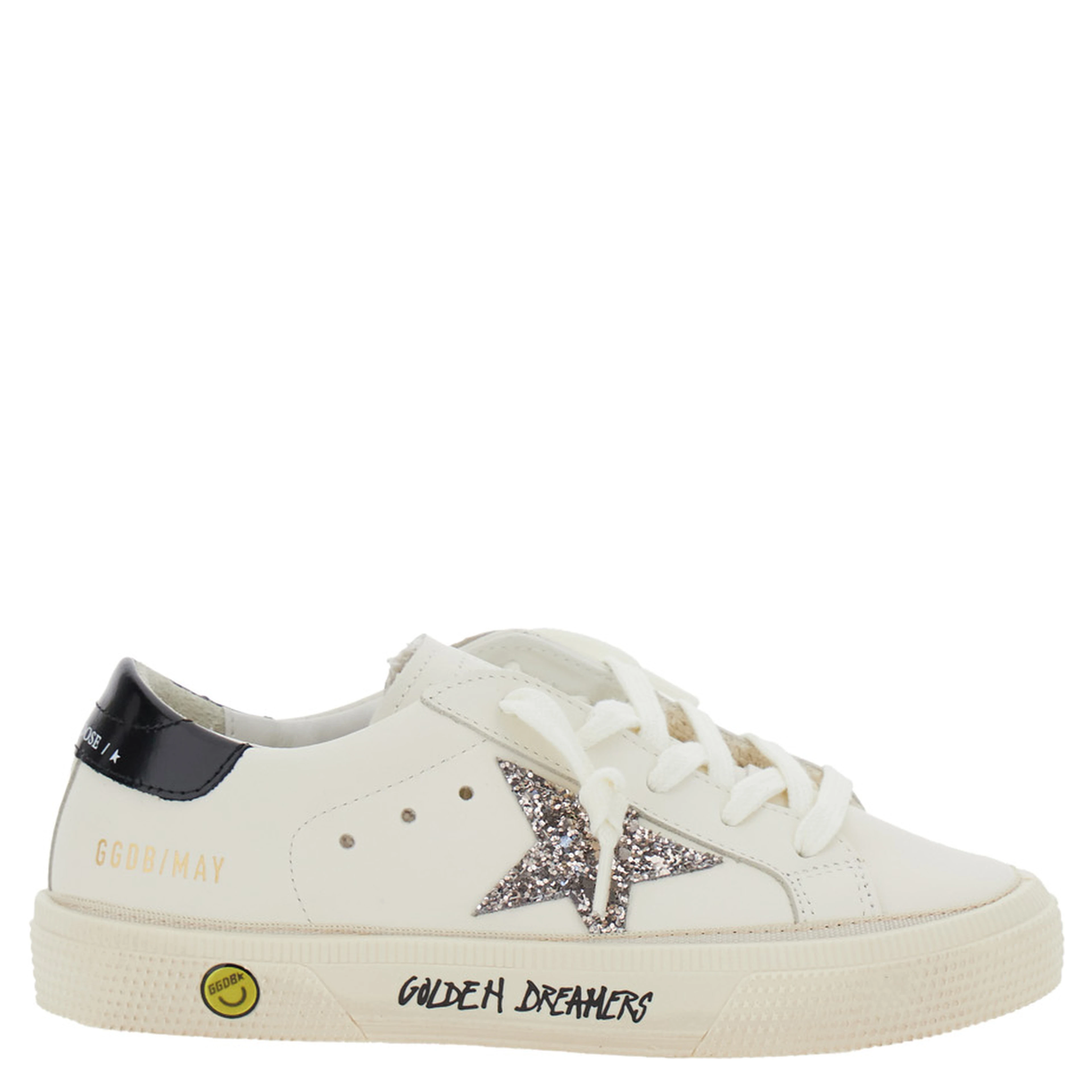 May White Low Top Sneakers with Glittered Star Patch and Contrasting Heel with Logo Lettering in Leather Girl